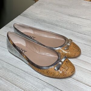 DKNY women's Abby ballet flats with cork uppers and metallic silver leather trim